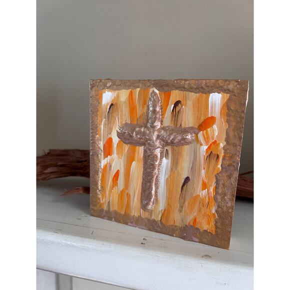 Gold Cross on Wood Painting Hand Painted Puffy Wall Art 5x5 Block Fall Style - Picture 6 of 10